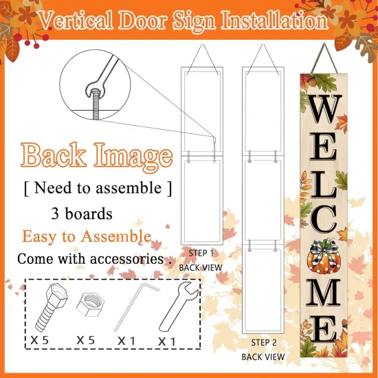 Welcome Sign 47 inch Autumn Pumpkin Vertical Wooden Porch Sign Front Door(White) {2}