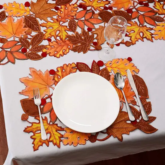 Set of 4 Embroidered Leaves Table Place-mats for Thanksgiving(Multicolor) {3}