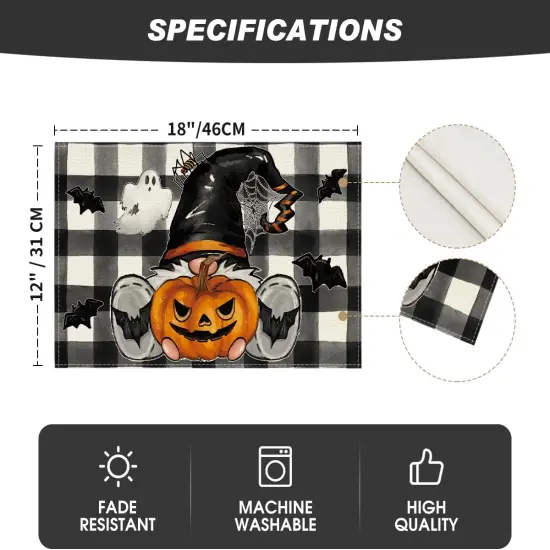 Set of 4 Buffalo Plaid Gnome Pumpkin Halloween Placemats - 12x18 Inch (Black/Beige) {5}