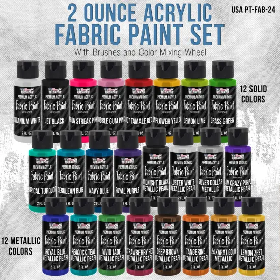 24 Color Permanent Acrylic Fabric Paint Set, 2oz, with 7 Brushes - Textile Paints for Clothes, Denim, Canvas, Upholstery & Furniture - Permanent Fabric Paints {2}