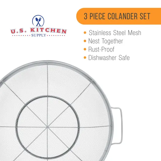 U.S. Kitchen Supply Set of 3 Stainless Steel Colander Strainers Net Baskets - 11", 9.5" & 8.5" Sizes - Colander with Handles & Resting Base - Stainless Steel Sieve, Strainers and Colanders for Kitchen {4}