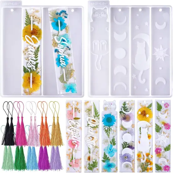 LET'S RESIN Bookmark Resin Molds Silicone 1.5'' Wide, Blank and Cat Moon Pattern Silicone Bookmark Molds Kit with 20pcs Tassels, Rectangle Bookmark Molds for Epoxy Resin Casting Crafts {1}