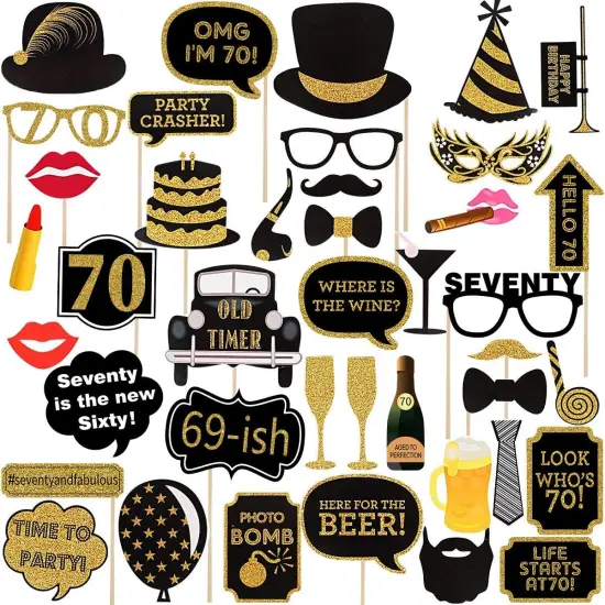 70th Birthday Photo Booth Props(41Pcs), 70 Fabulous Party Supplies, Gold and Black Birthday Favor Decorations {1}