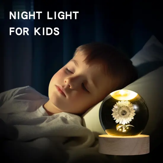 "Summer Tabletop Decor: 3D Laser Etched Sunflower Crystal Ball with Stand &ndash; 60mm Glass Sphere Lamp, Night Light, Sunflower Figurine, Glass Paperweight for Bright Seasonal Displays" {5}