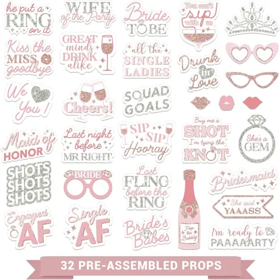 Fully Assembled Bachelorette Photo Booth Props - Set of 32 - Rose Gold, Pink, & Silver Signs, Wedding Bridal Shower Bachelorette Party Supplies & Decorations with Real Glitter {5}