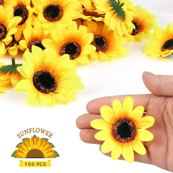 Summer Sunflower Heads &ndash; 100 Pcs 2.8" Yellow Silk Artificial Flowers for DIY Crafts, Home Decor & Floral Arrangements {2}