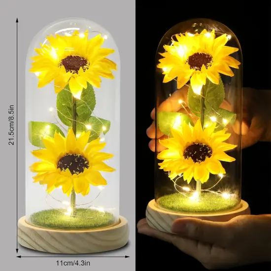 Sunflower Tabletop Gifts for Women Mom Grandma, Enchanted LED Sunflower Lamp, Unique Artificial Flowers in Glass Dome {2}