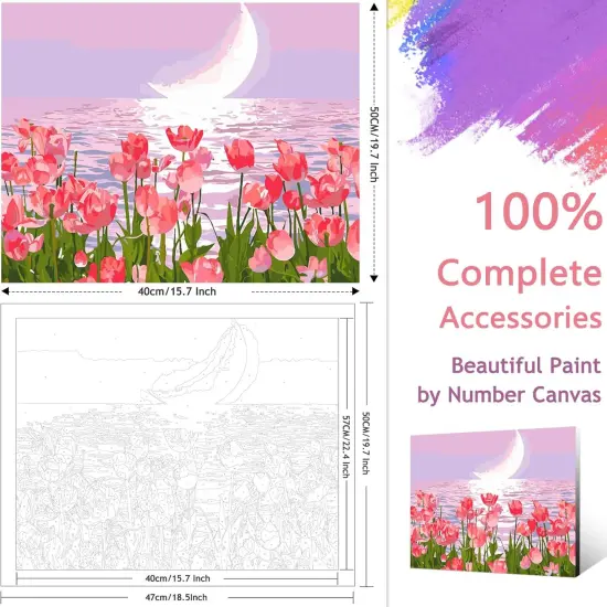 Paint by Numbers Kit for Adults Beginners,Pink Tulips Painting by Numbers,Flowers & Moon Easy Acrylic on Canvas, Suitable for Home Wall Decor and Gifts 20x16inch {2}