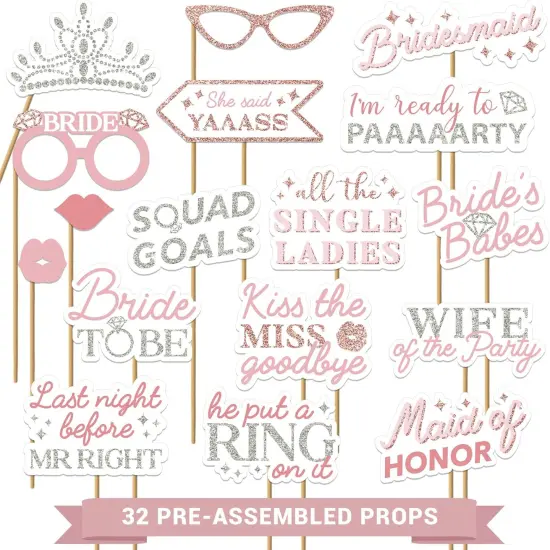 Fully Assembled Bachelorette Photo Booth Props - Set of 32 - Rose Gold, Pink, & Silver Signs, Wedding Bridal Shower Bachelorette Party Supplies & Decorations with Real Glitter {1}