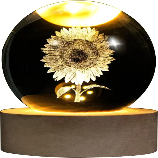 "Summer Tabletop Decor: 3D Laser Etched Sunflower Crystal Ball with Stand &ndash; 60mm Glass Sphere Lamp, Night Light, Sunflower Figurine, Glass Paperweight for Bright Seasonal Displays" {1}