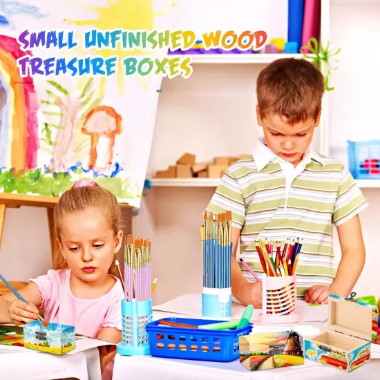 48 Pcs Unfinished Wooden Craft Boxes with 40 Paintbrushes Small Wooden Boxes Treasure Chest with Lid and Clasp Wood Storage Box for DIY Baby Shower Pirate Decor {5}