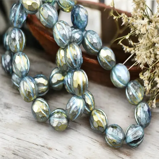 *12* 10mm Turquoise Washed Gold Lustered Crystal Faceted Round Melon Beads {3}