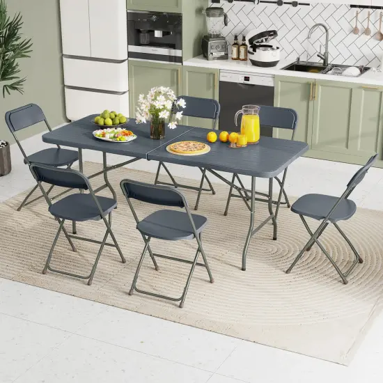 6 Feet Wood Grain HDPE Folding Table with Safety Lock and Metal Legs Perfect for Outdoor Use Grey {6}