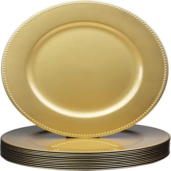 Set of 12 Gold Charger Plates with Beaded. 13" Reusable Plastic Table Chargers for Dinner Plates {1}