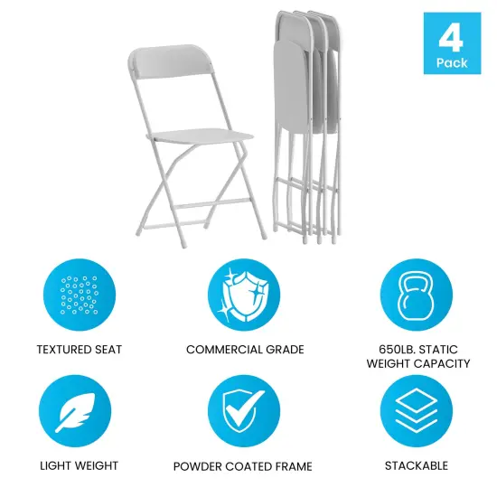 Emma and Oliver Plastic Folding Chair - 4 Pack 650LB Weight Capacity White {5}