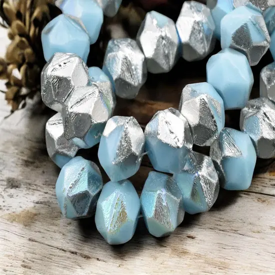 *15* 10mm Silver Washed Baby Blue Antique Cut Round Beads {1}