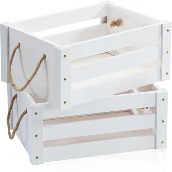 Farmhouse Crates for Storage and Display - Durable Wooden Box with Rope Handles, 2 Pack White Crates {1}