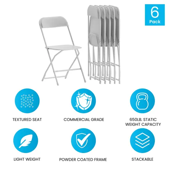 Emma and Oliver Set of 6 Stackable Folding Plastic Chairs - 650 LB Weight Capacity White {5}