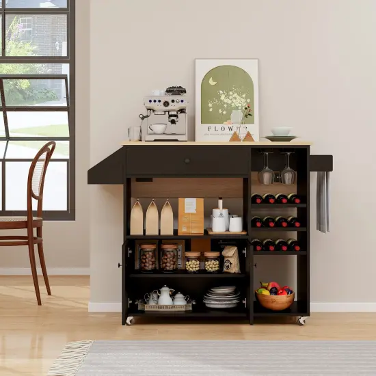 Kitchen Drop Leaf Island Cart with Power Outlets and Wine Rack Storage Shelves Locking Wheels Black and Natural {3}