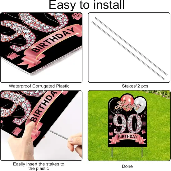 2Pcs Rose Gold 90th Birthday Yard Sign Decoration for Women, Happy 90th Birthday Made in 1935 Lawn Sign Party Supplies, Ninety Year Old Yard Decor Stakes {3}