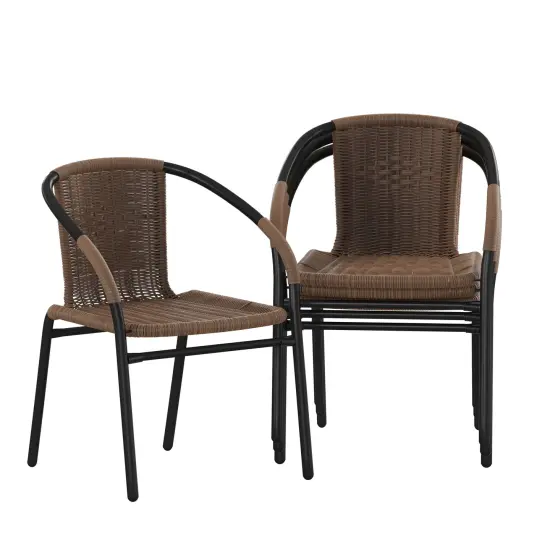 Emma and Oliver 4 Pack Rattan Indoor-Outdoor Restaurant Stack Chair with Curved Back Medium Brown {2}