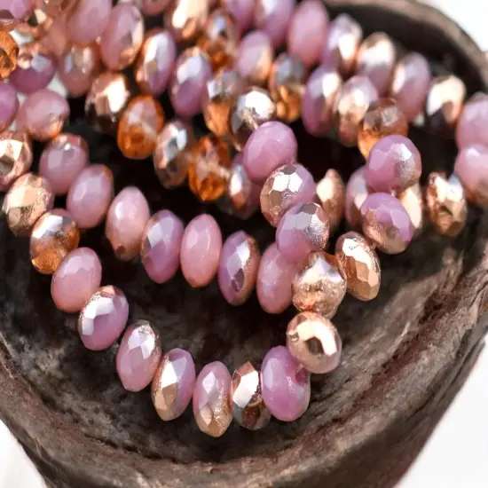 *25* 6x8mm Copper Washed Etched Pink Opal Fire Polished rondelle Beads {4}