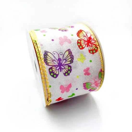 Designer's Shop WR 63-5202 Spring Summer Multi-colored butterflies on white burlap wired edge ribbons, 2.5" x 10 yards {3}
