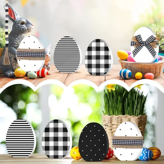 6 Pcs Easter Bunny Eggs Wooden Signs with Wood Bead String Black and White Easter Tiered Tray Decor Set Rustic Wood Table Sign Spring Tabletop Decorations for Home Farmhouse Decor (Egg Style) {5}