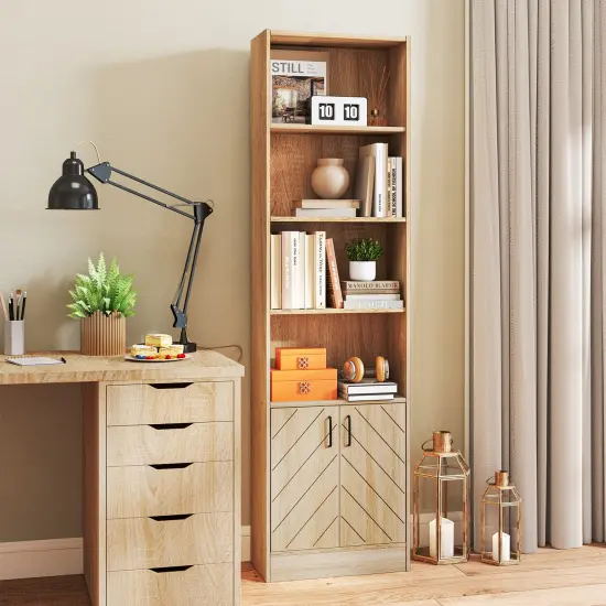 Oak Engineered Wood Bookcase with Vertical Strip Design Adjustable Shelf Double-Door Cabinet and Open Storage {2}