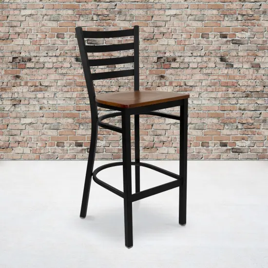 Emma and Oliver 2 Pack Ladder Back Metal Restaurant Barstool CherryWood/Black {1}