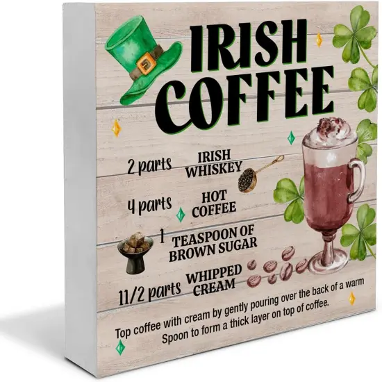 St. Patricks Day Decor, Rustic Irish Coffee Wood Block Sign St Patricks Day Decorations Home Kitchen Tabletop Shelf Desk Decor, 5 X 5 Inches {1}