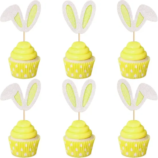 24 Pack Easter Bunny Ear Cupcake Toppers, Yellow Glitter Rabbit Ears Cupcake Picks, Easter Day Cake Toppers for Easter Theme Spring Birthday Baby Shower Party Supplies {1}