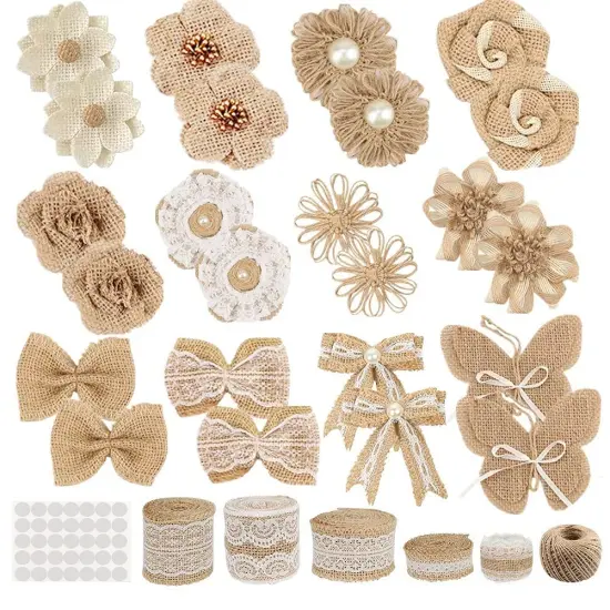 GUIFIER 30 PCS Burlap Flower Set,with 24 Handmade Burlap Flowers and Burlap Bow, 5 Burlap Lace Ribbon Rolls,1 Twine Glue Point Burlap Jute Ribbon for Wedding Party Decor Home Embellishment DIY Crafts {1}