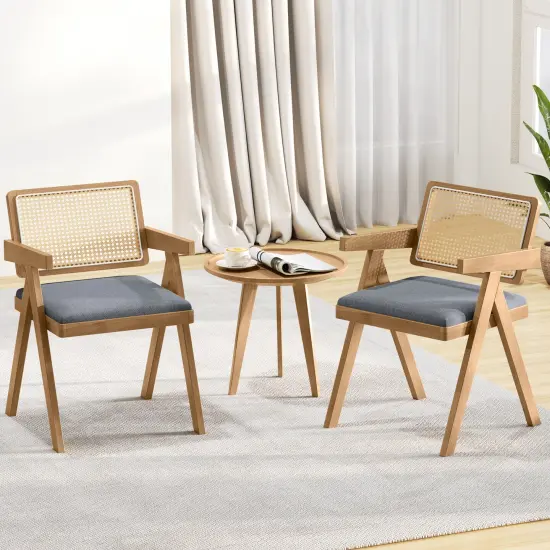 Set of 2 Rattan Accent Chairs with Padded Cushion & Rubber Wood Frame for Living Room Grey {2}