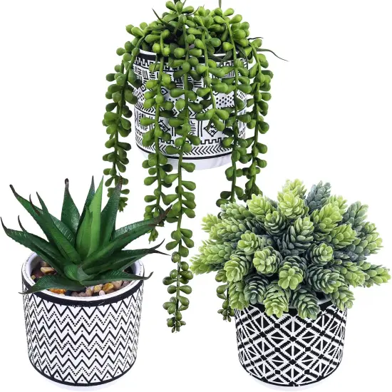 3-Piece Artificial Succulent Set &ndash; Modern Greenery in Black Geometric Pots {1}