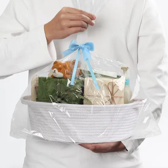 White Small Woven Basket, 13&rdquo; x 9&rdquo; x 5&rdquo; Baskets for Gifts Empty, Cotton Rope Gift Basket, Cute Nursery Baby Basket, Cat Dog Toy Bin Box, Wicker Storage Basket with Handle, Easter Basket {3}