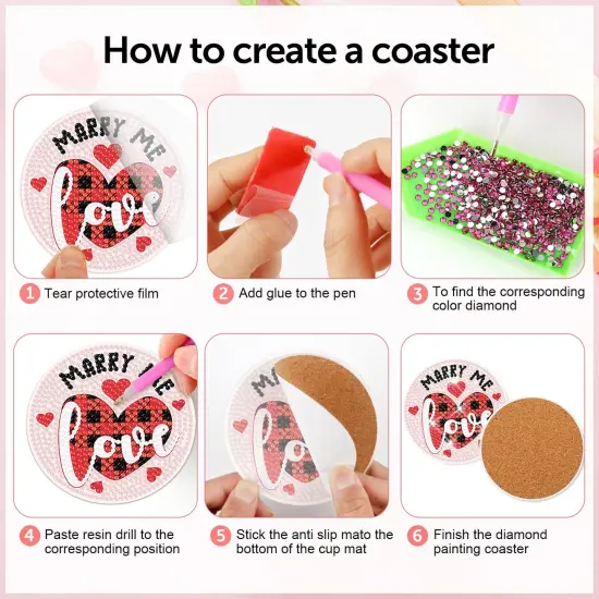 8 Pieces Valentine&rsquo;s Day Diamond Art Coasters Love Diamond Painting Coasters Kits with Holder DIY Coasters for Beginners, Adults, Kids, Diamond Art Crafts Supplies (Valentines) {5}