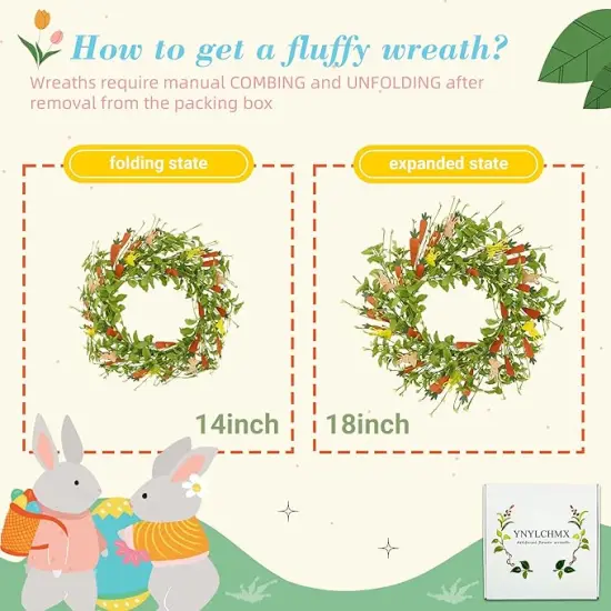 18Inch Easter Wreath for Front Door, Bunny Wreaths with Carrots, Spring Wreath Easter Decoration for Home Party Window Decor {3}