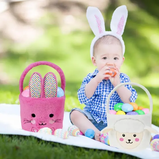 Set of 2pcs, Dia 7.9" * H 15.7", Plush Bunny&Lamb Baskets Easter Basket Easter Egg Hunting Basket Easter Decorations Party Supplies Eggs Gifts Storage {2}