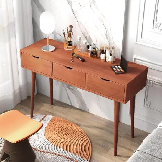 48 Inch Walnut Writing Computer Desk with 3 Drawers and Solid Wood Legs {3}