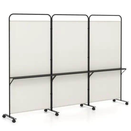 3-Panel Folding Room Divider with 3 Metal Shelves and Lockable Wheels Brown {7}