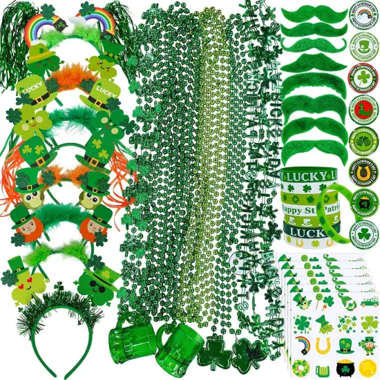 58 Pcs St. Patrick's Day Novelty Jewelry Assortment: Necklaces, Head Boppers, Bracelets, Mustaches, Tattoos & Accessories for St. Patty's Day Irish Party Decor {1}