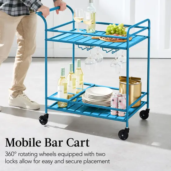 Best Choice Products 2-Tier Rolling Bar Cart Indoor/Outdoor w/ Storage Shelves, Wine Rack, Lockable Wheels Peacock {5}