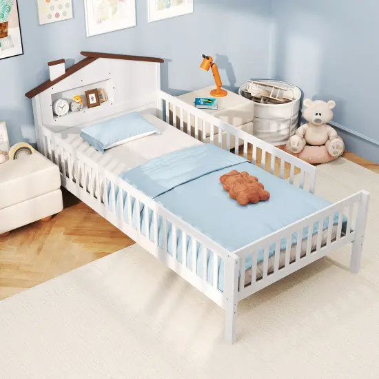 Wood Montessori Twin Bed with House-shaped Headboard, Guardrails, Built-in Storage Shelf White {3}