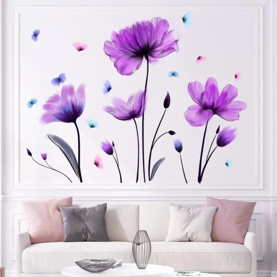 Flowers Wall Sticker Purple Floral Wall Decal Removable Butterfly Wall Stickers Self Adhesive Wall Mural for Nursery Bedroom Kids Room {1}