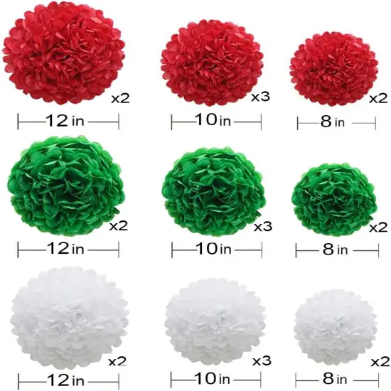 Red Green White Paper Pom Poms, Party Decoration Kit 21pcs of 8,10,12 inch Tissue Flowers for Christmas Graduation Birthday Fiesta Celebration Events {5}
