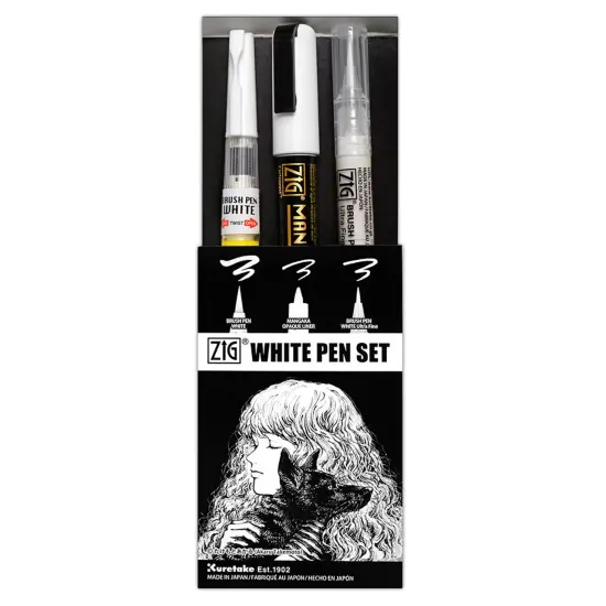 Zig White Pen Set - Brush, Ultra Fine Brush, Liner - Opaque, Cartoon, Lettering {1}