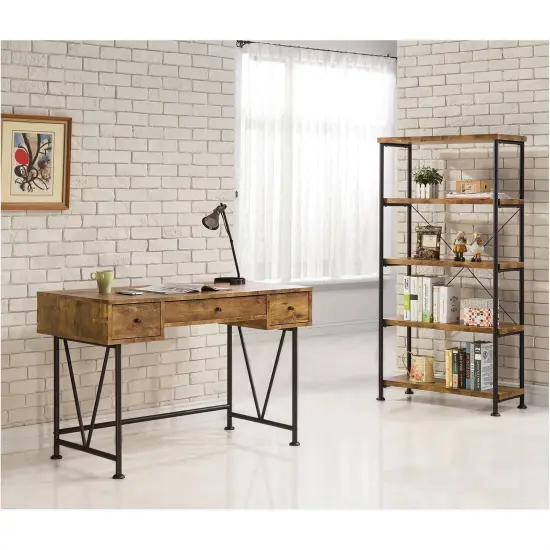 Rustic Brown-Black Farmhouse 3-Drawer Writing Desk with Wood Top and Metal Base {3}