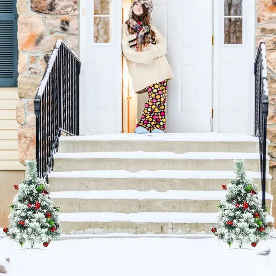 Costway Set of 2 24in Battery Powered Pre-lit Pathway Flocked Christmas Trees Outdoor {2}