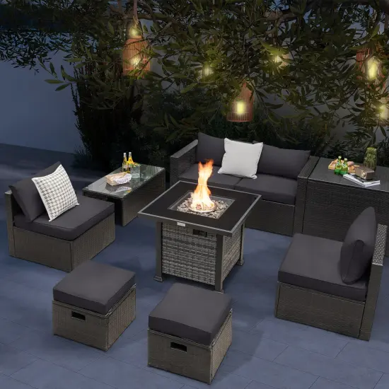 Outdoor 9 Pieces Patio Furniture Set with 50 000 BTU Propane Fire Pit Table Grey {6}